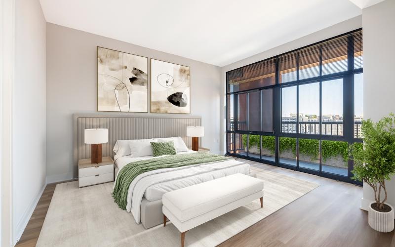 a bedroom with a bed and two nightstands