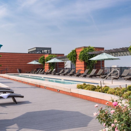 a pool with chairs and umbrellas