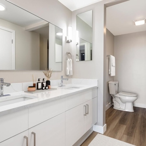 a bathroom with white cabinets