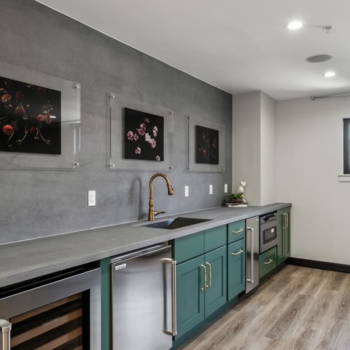 a clubroom kitchen with green cabinets